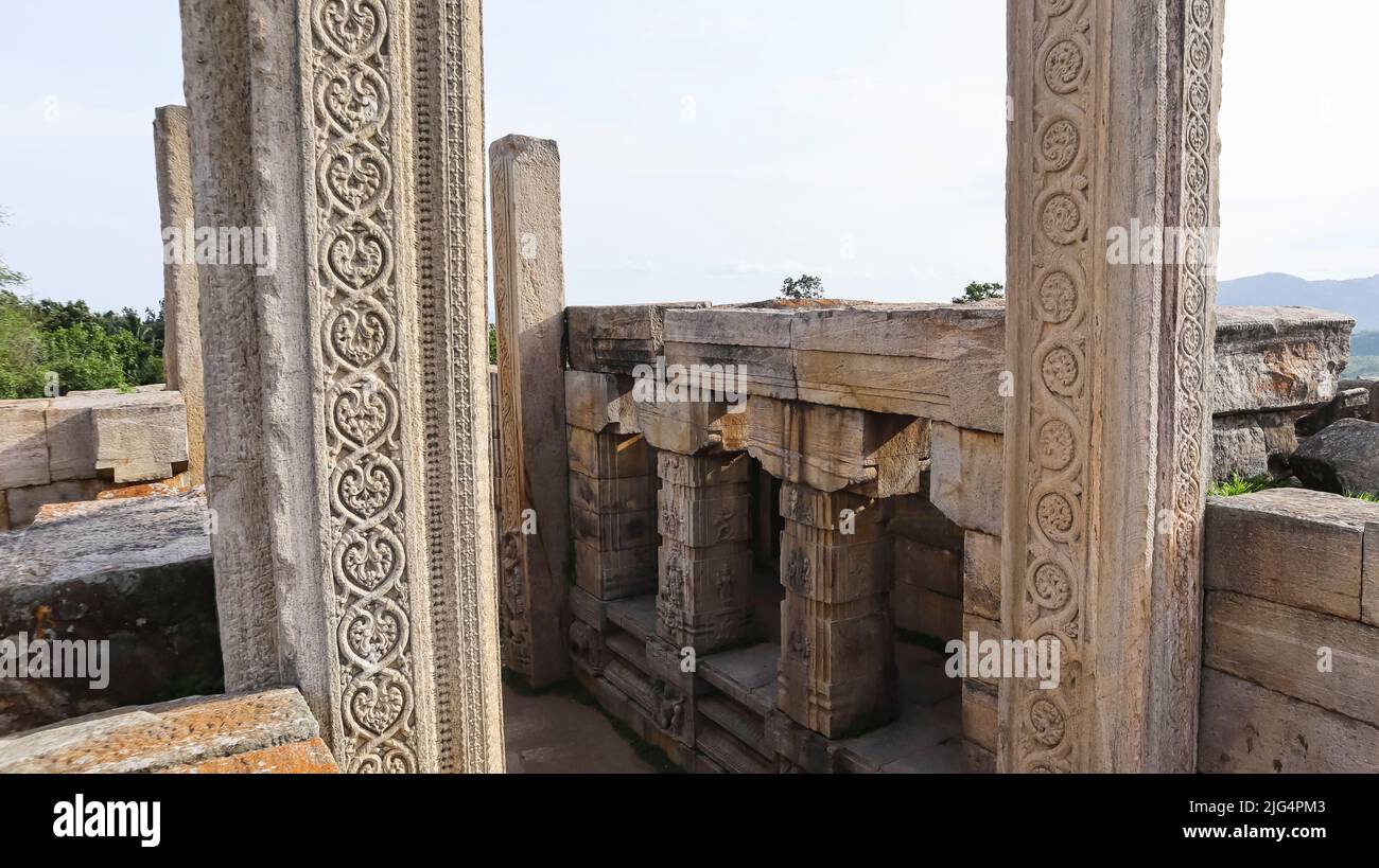 Carving on the Pillars of Rayagopura, Melukote, Karnataka, India. Stock Photo