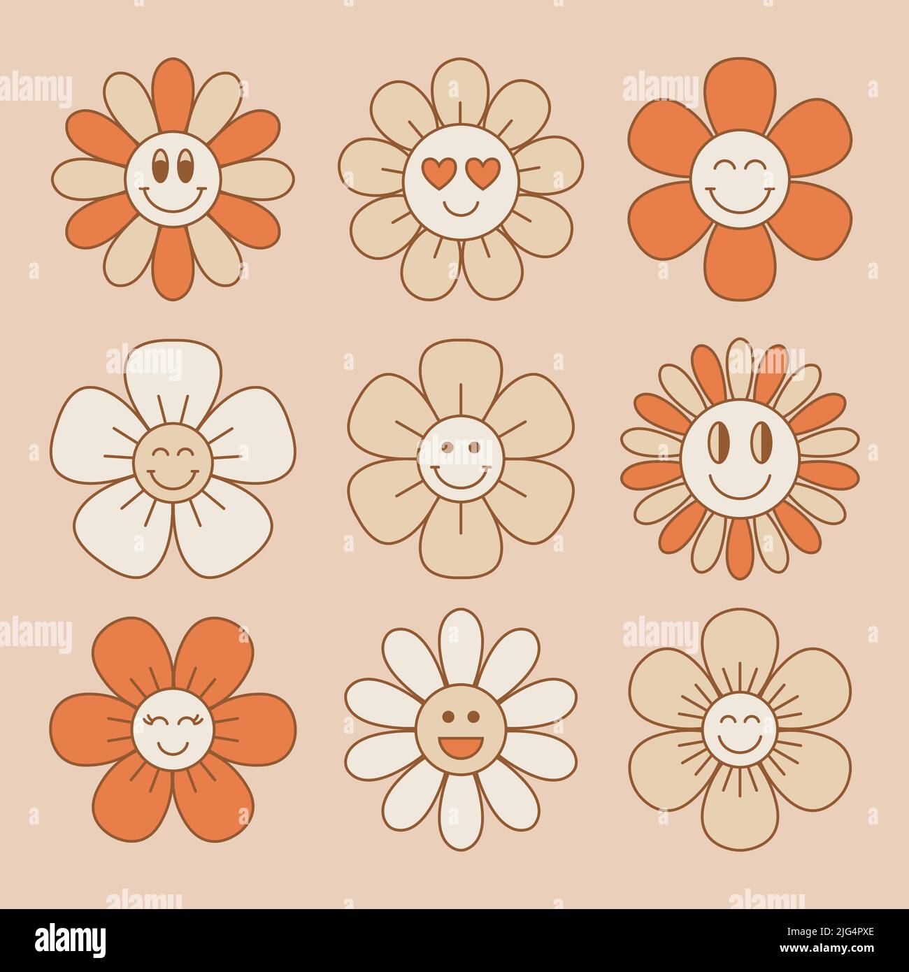 Cute and smiling flower collection in retro 70s style. Vintage floral patches. Vector illustration. Stock Vector