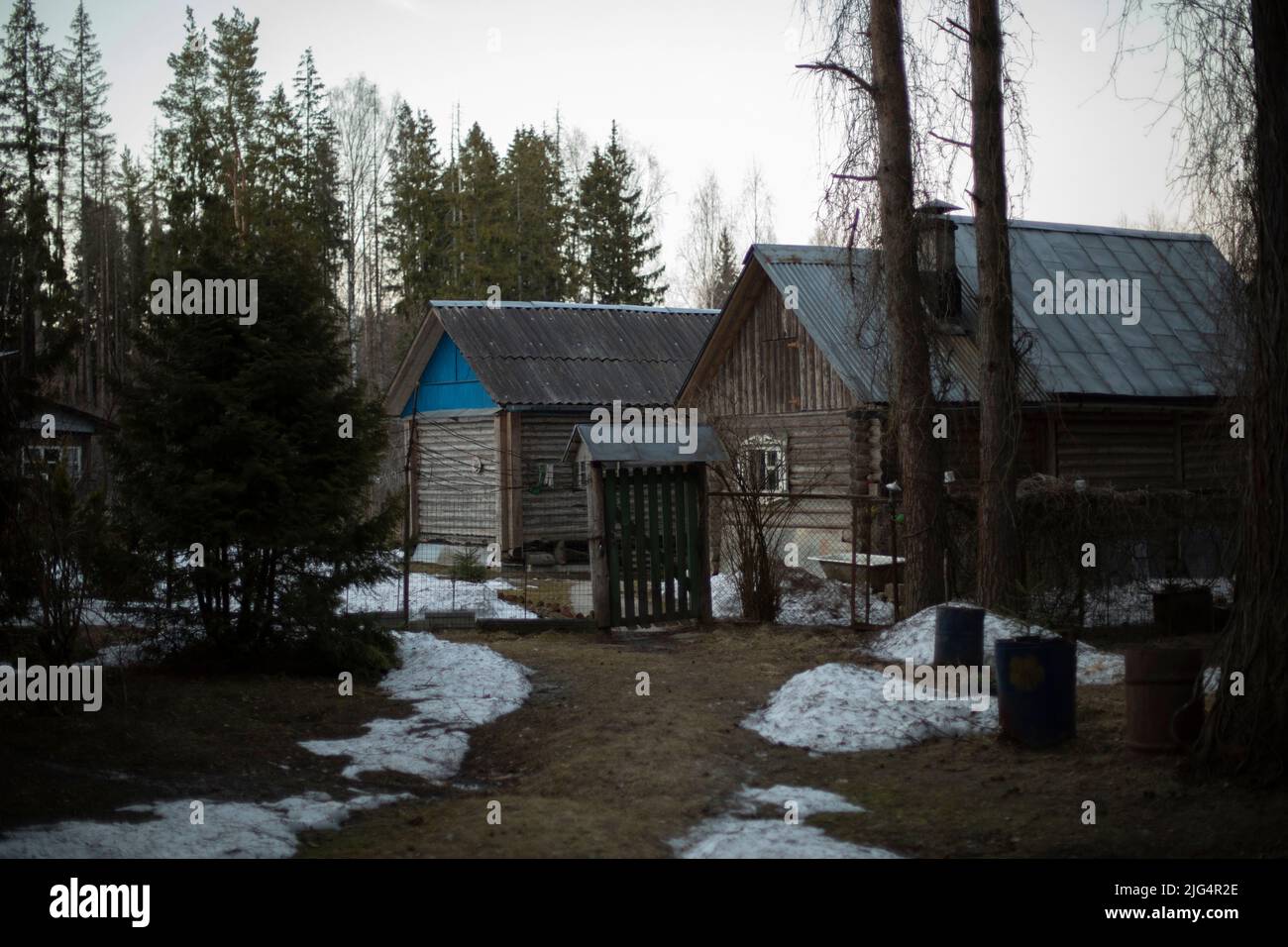 Houses in spring in countryside. Wooden houses in forest. Details of