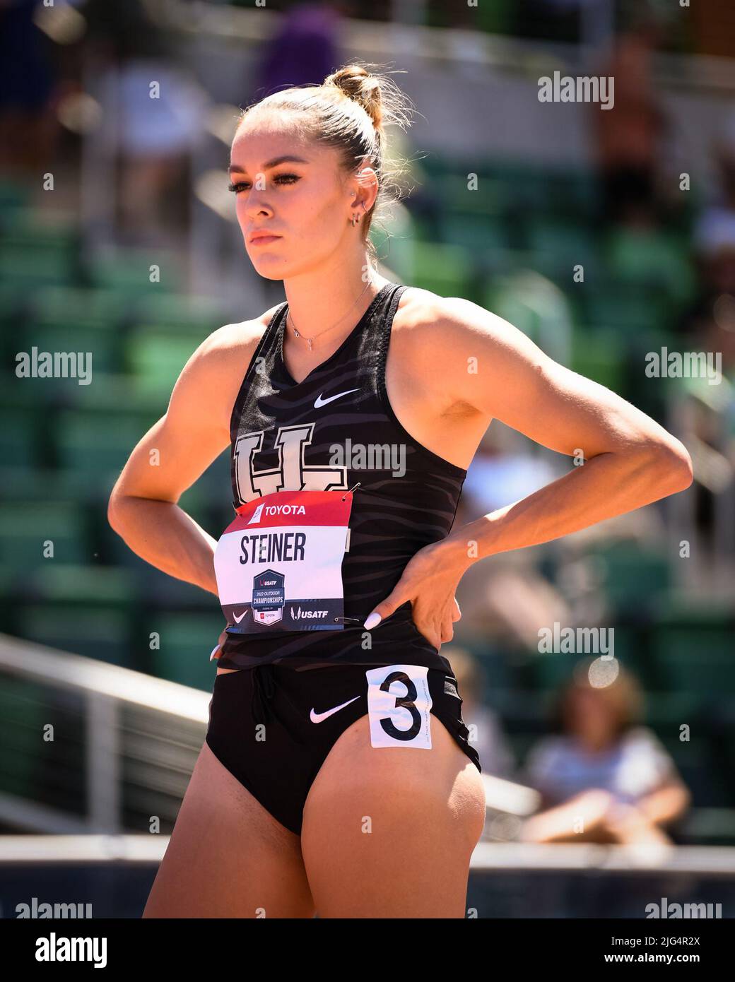 Abby Steiner locked in before the first round of the women’s 200m at