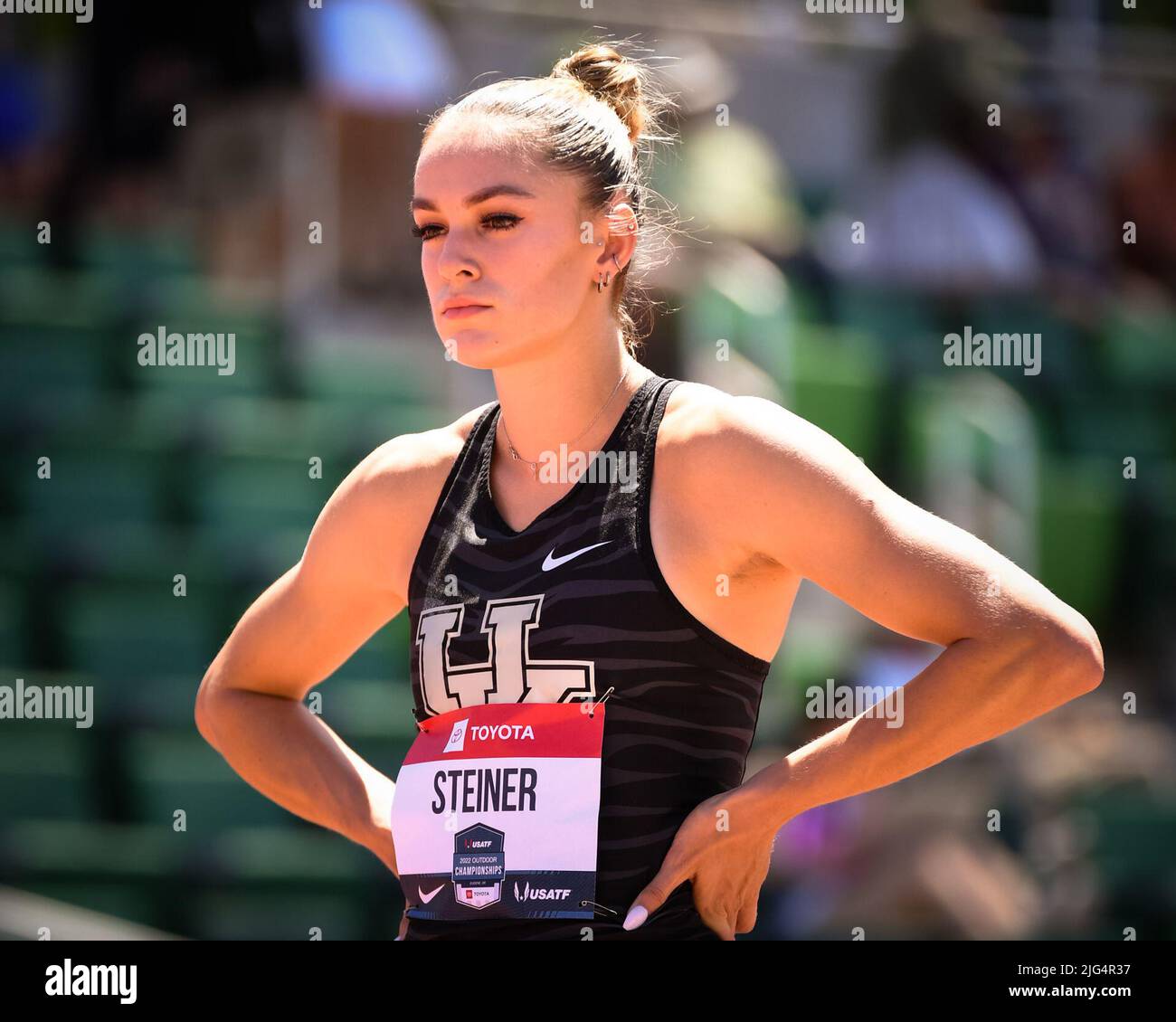 Abby Steiner locked in before the first round of the women’s 200m at