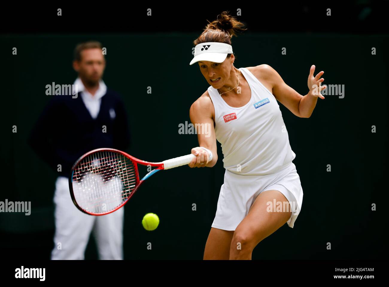 London, UK, 7th July 2022 Tennis player Tatjana Maria from Germany is in action during the women´s semifinal match at the All England Lawn Tennis and Croquet Club in London