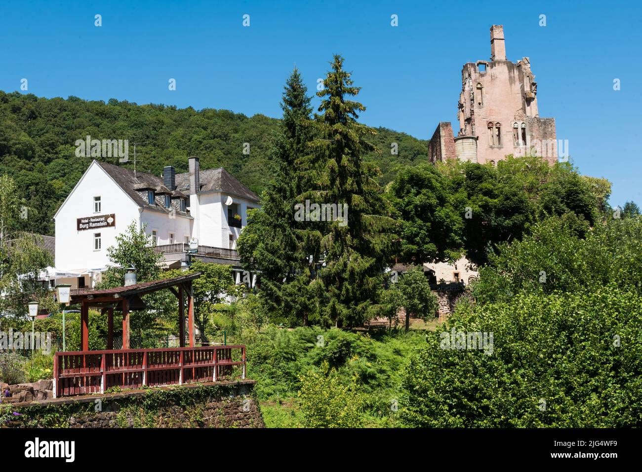 Kordel, Rhineland-Palatinate - Germany - 07 26 2020 The Ramstein Castle , restaurant and hills Stock Photo