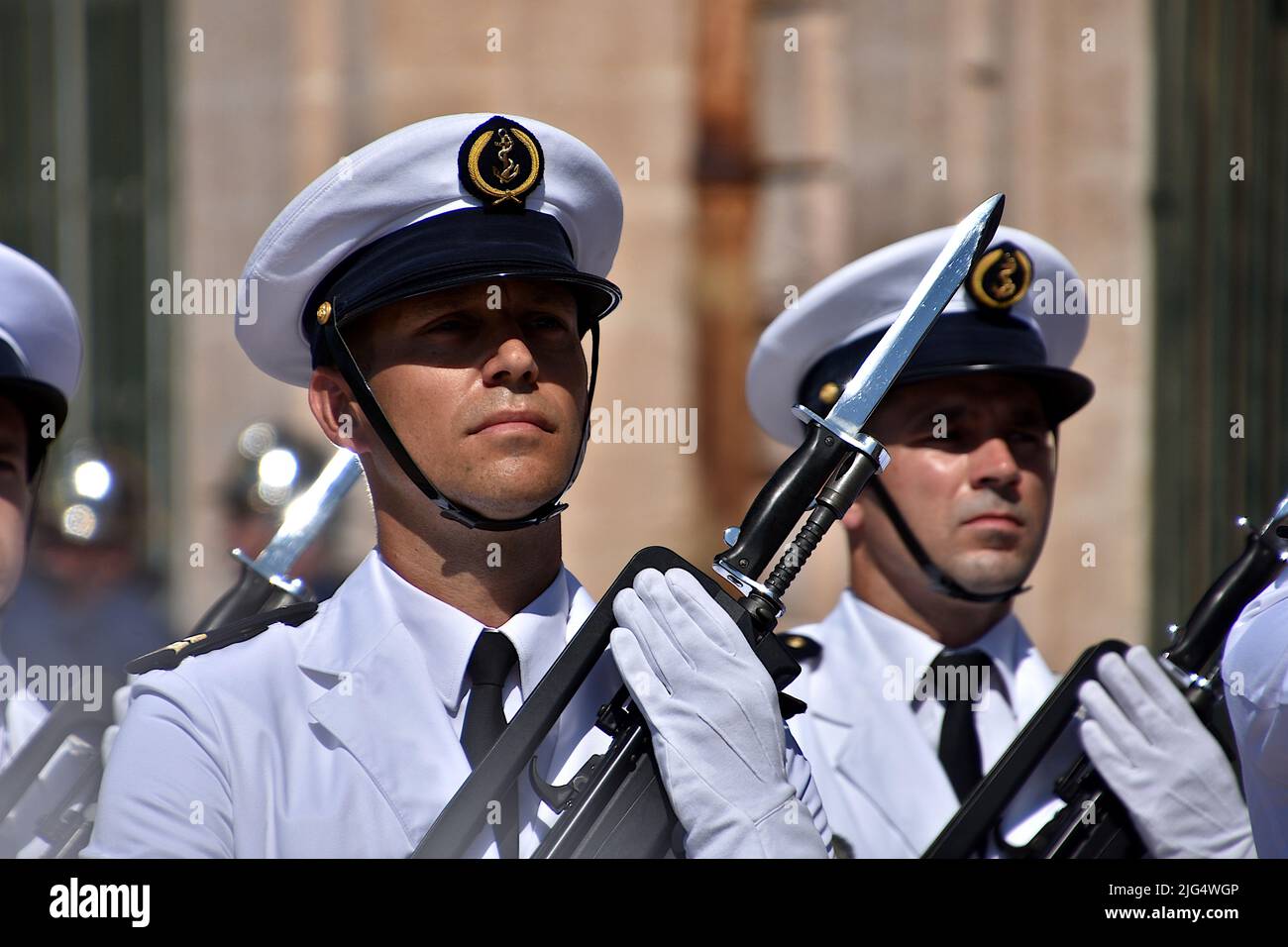 Officers of the Bataillon des Marins-Pompiers de Marseille (BMPM) in uniforms are seen during the ceremony. The helmet handover ceremony presided over by Mayor Benoît Payan took place at Place Bargemon in front of Marseille Town Hall. 31 students from the school of firefighters of the Navy formalised their operational integration into the Fire and Rescue Center (CIS) and the start of their career as quartermasters of the fleet. (Photo by Gerard Bottino / SOPA Images/Sipa USA) Stock Photo