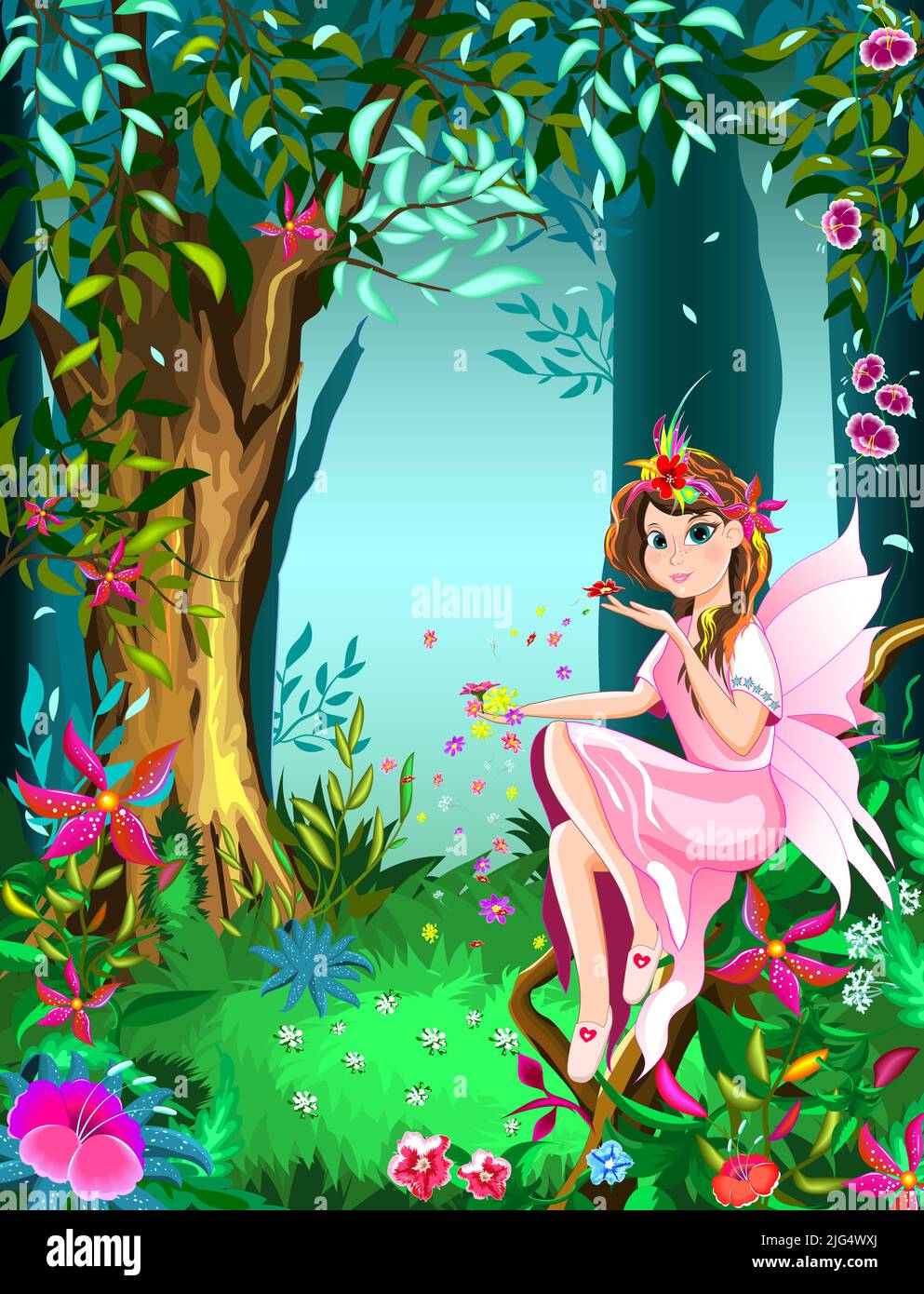 Flower fairy among the flowers on the background of the forest. Little girl with flowers in a fabulous flowering forest. Stock Vector
