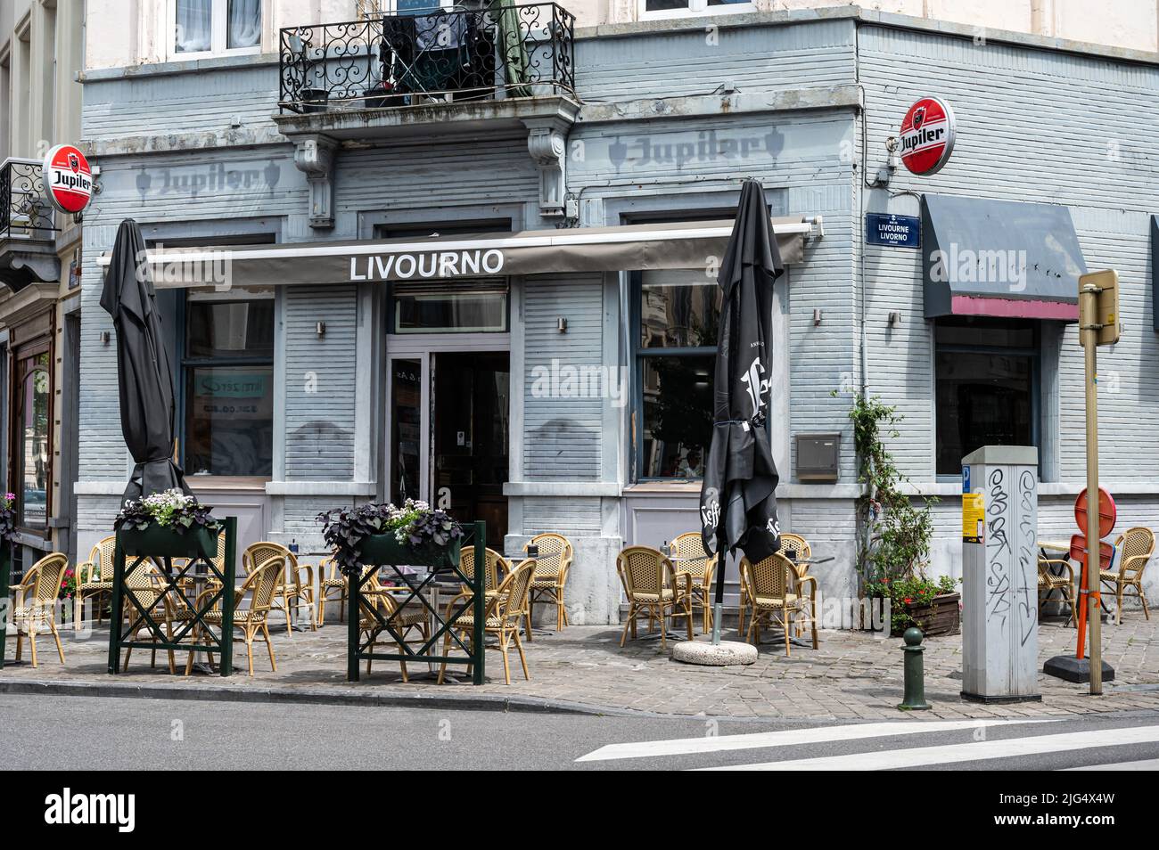 Ixelles, Brussels Capital Region, Belgium - 07 03 2022 - Terrace of the Livourno Belgo - Italian bar and restaurant Stock Photo