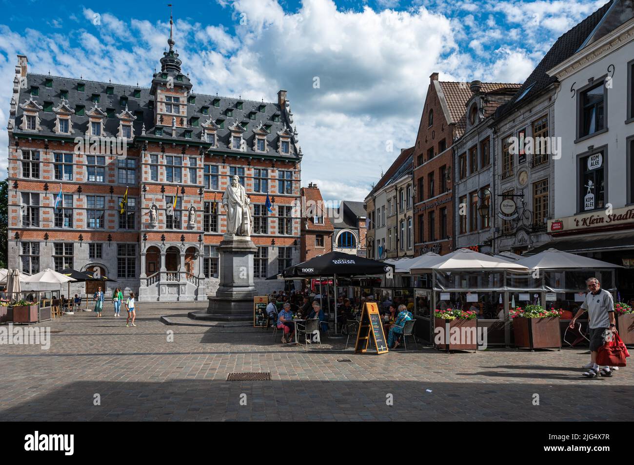 Halle, Flemish Brabant Region, Belgium,  07 02 2022 - Old market square with terraces in the summer sun Stock Photo