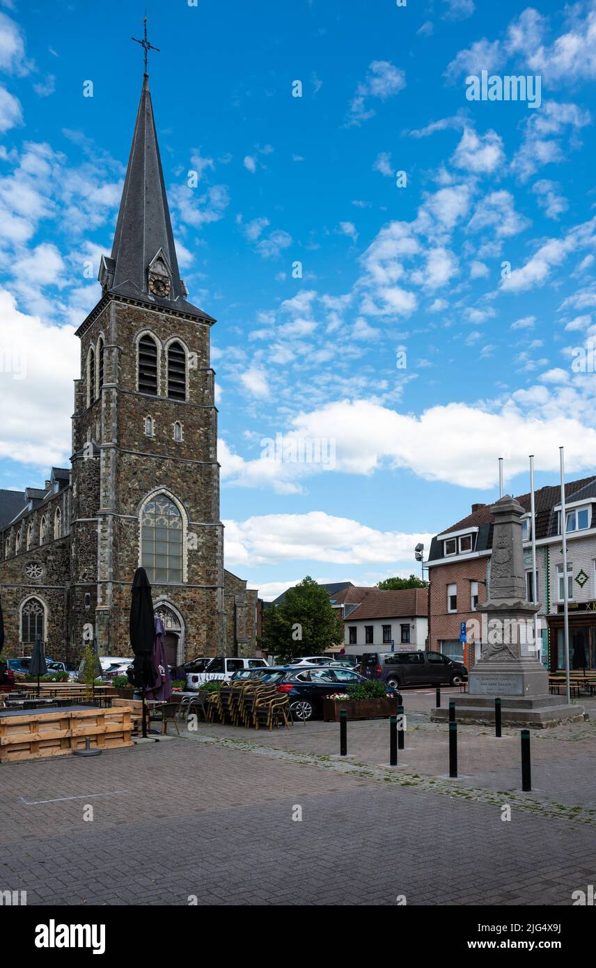 Lembeek, Flemish Brabant Region, Belgium, 07 02 2022 - Old market square and church tower of the village Stock Photo