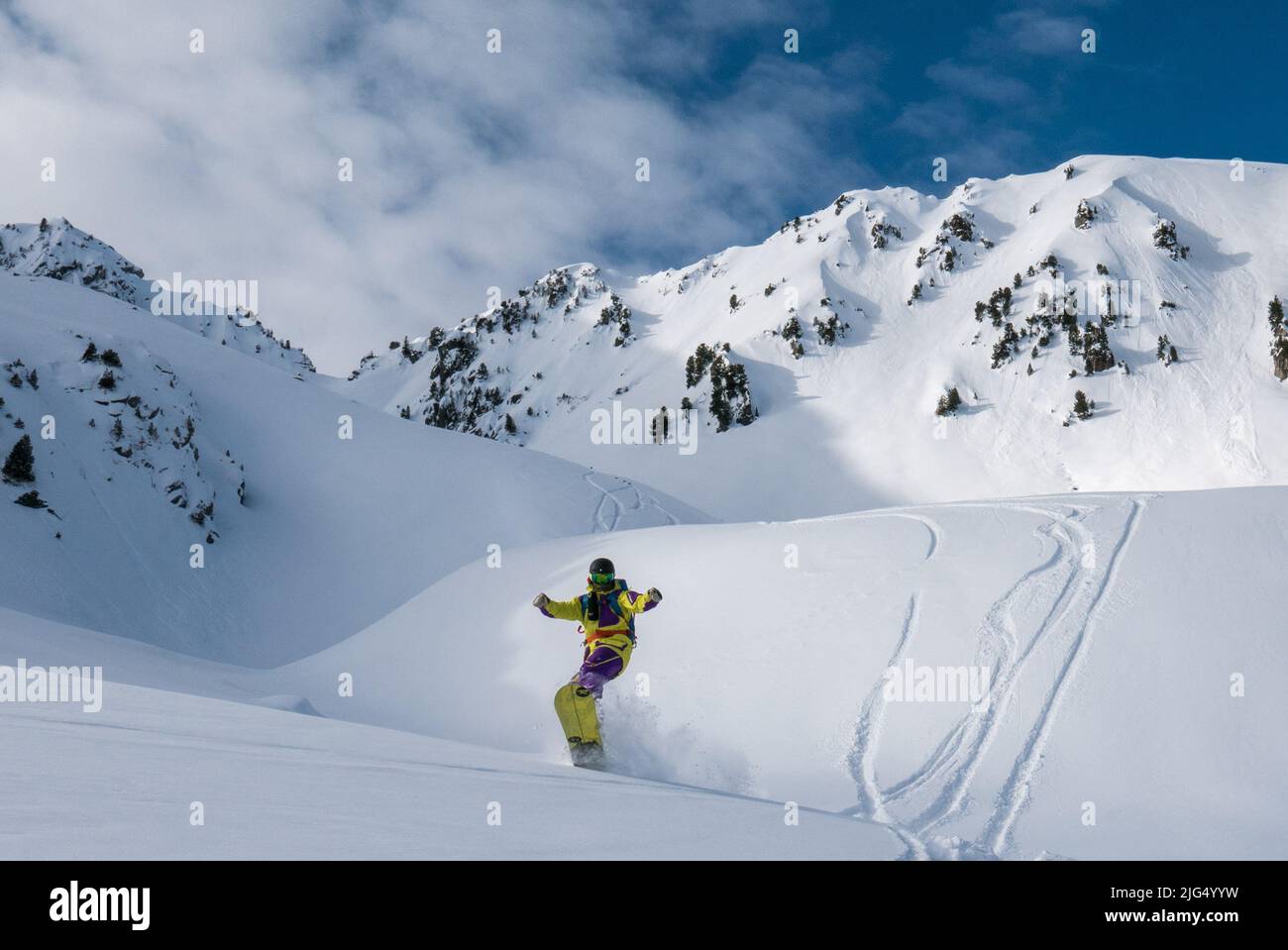 powder turn in the Austria Alps with a Splitboard  Stock Photo