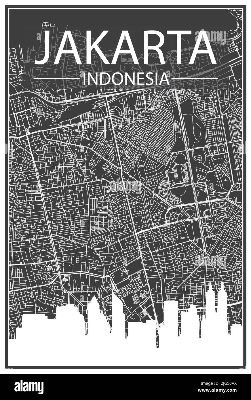 Dark printout city poster with panoramic skyline and hand-drawn streets network on dark gray background of the downtown JAKARTA, INDONESIA Stock Vector