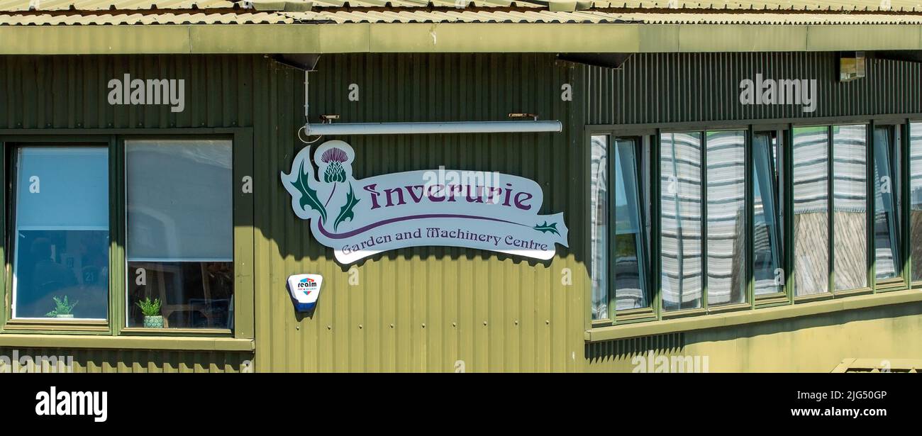 Inverurie Garden and Machinery Centre sign in Inverurie, Aberdeenshire, Scotland, UK Stock Photo