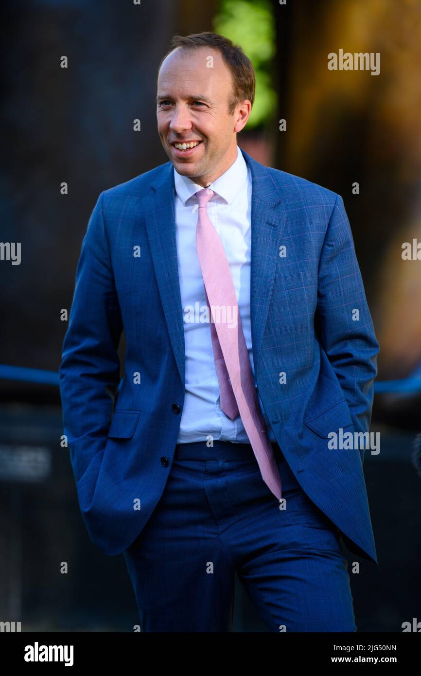 London, UK. 7 July 2022. Matt Hancock MP pictured giving media interviews on College Green, Westminster, after prime minister Boris Johnson announced his resignation. Picture date: Thursday July 7, 2022. Photo credit should read: Matt Crossick/Empics/Alamy Live News Stock Photo
