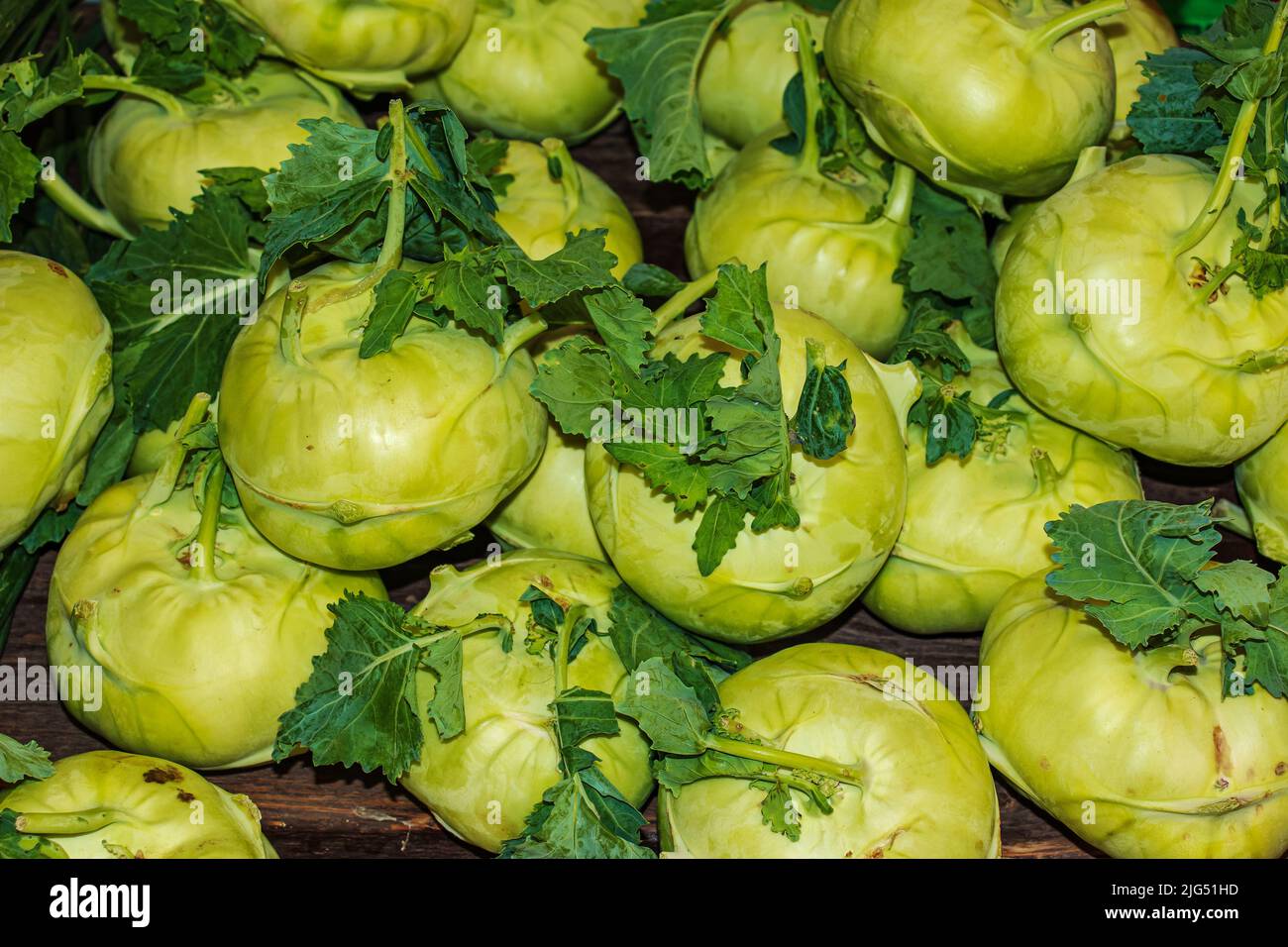 A bunch of fresh kohlrabi on a vegetable market. Food Stock Photo Alamy