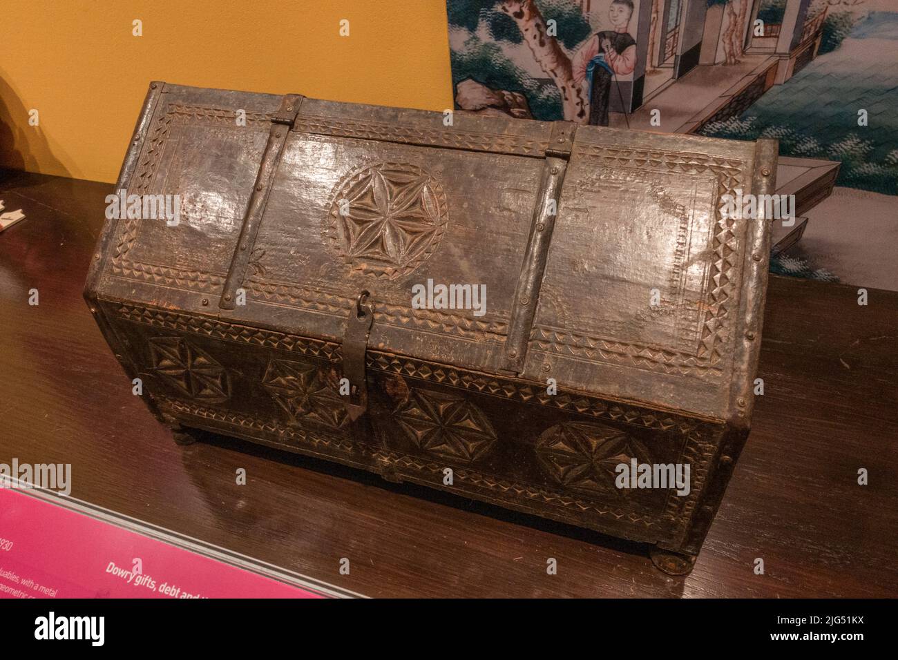 A dowry chest from Rajasthan, India, (1870-1930) on display in the UK. Stock Photo