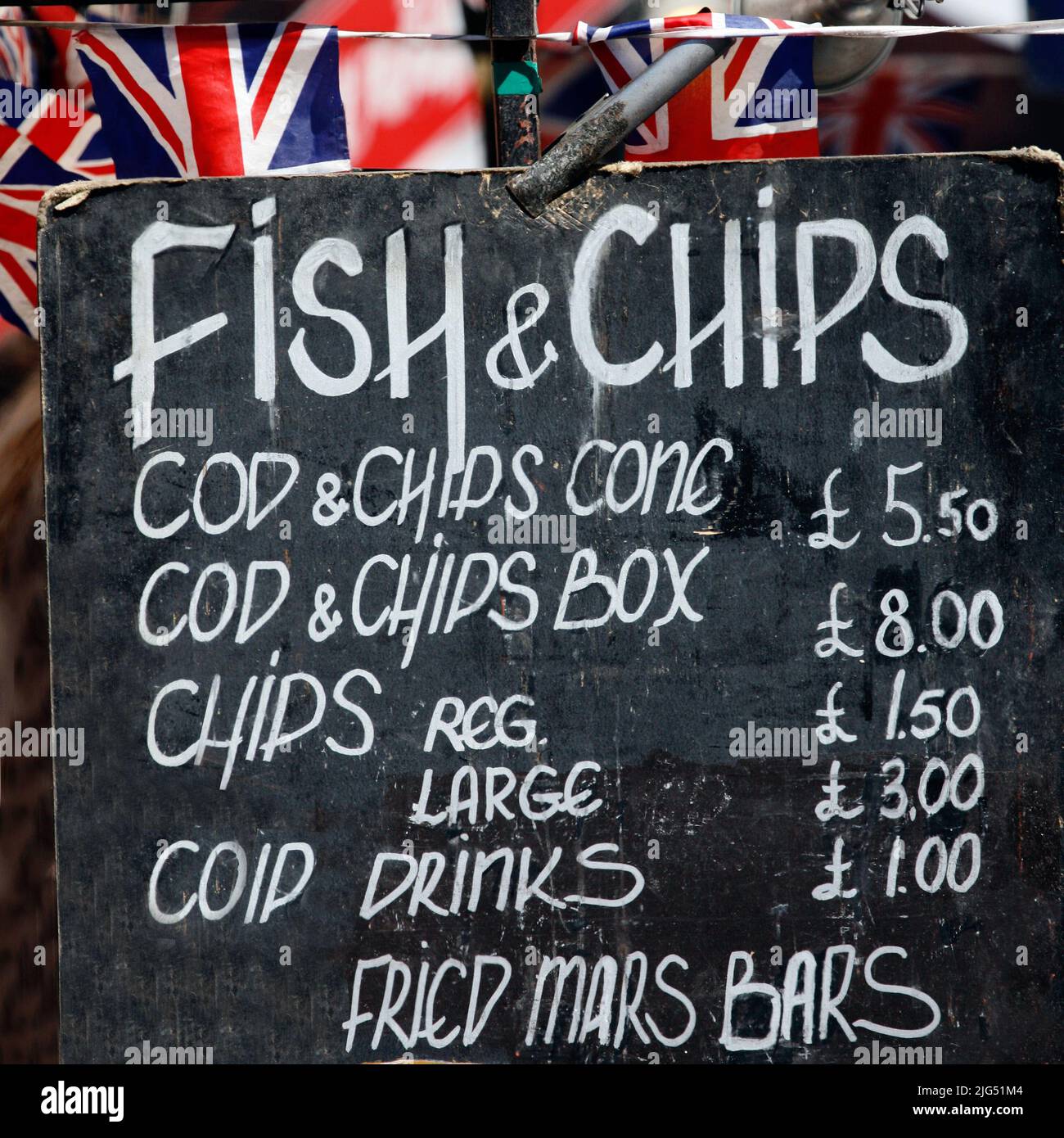 Street sign of Fish and Chips in a food stall, Camden Market Stock Photo Alamy