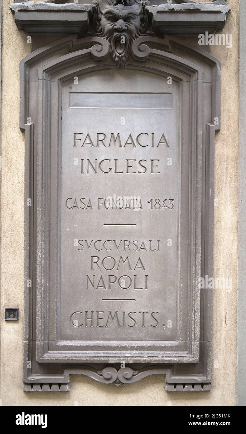 Historic Chemists Sign of the old Farmacia Inglese on Via Tornabuoni Florence Italy Stock Photo