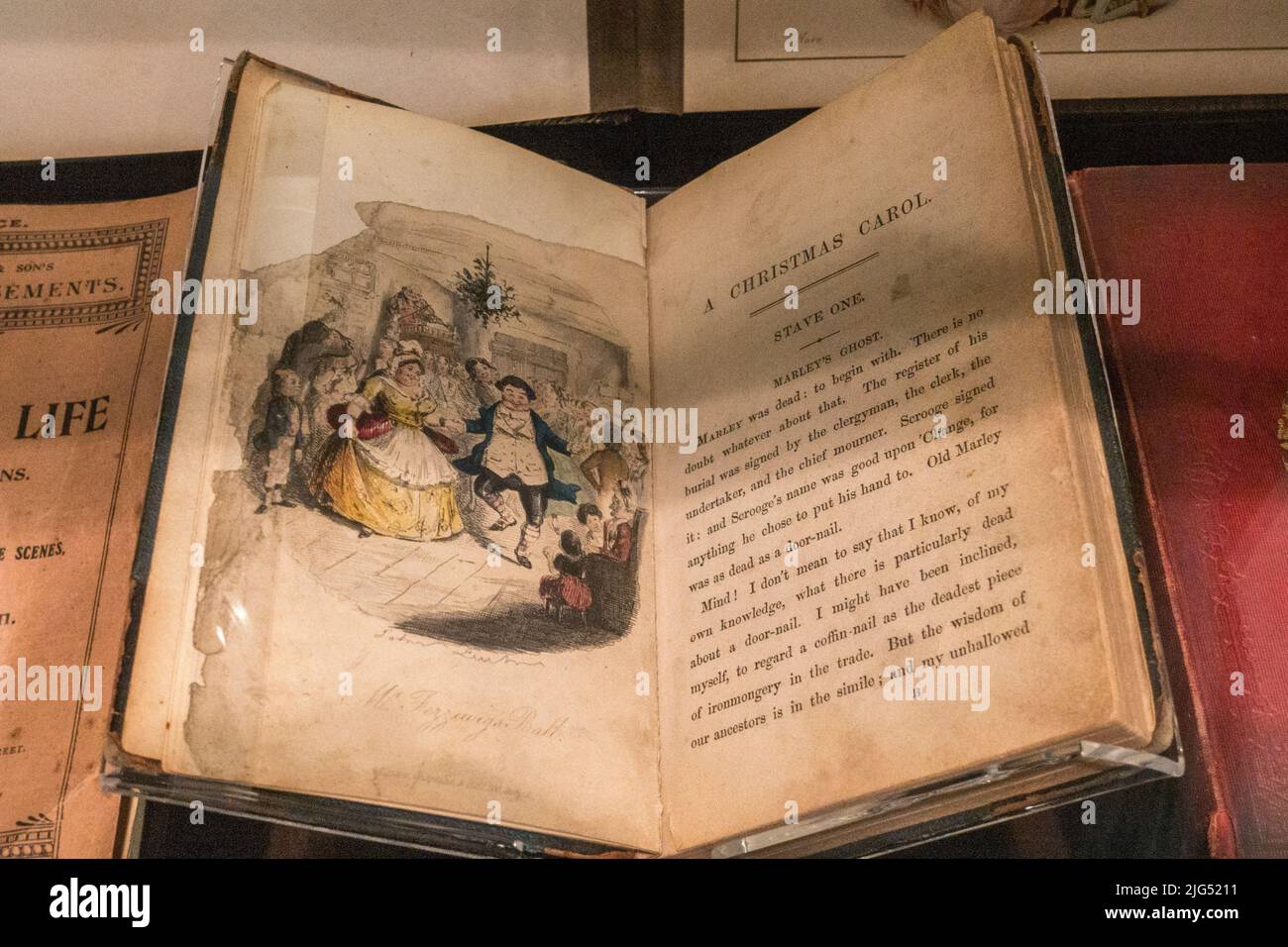 A copy of 'A Christmas Carol' by Charles Dickens (c1843) on display in the UK. Stock Photo