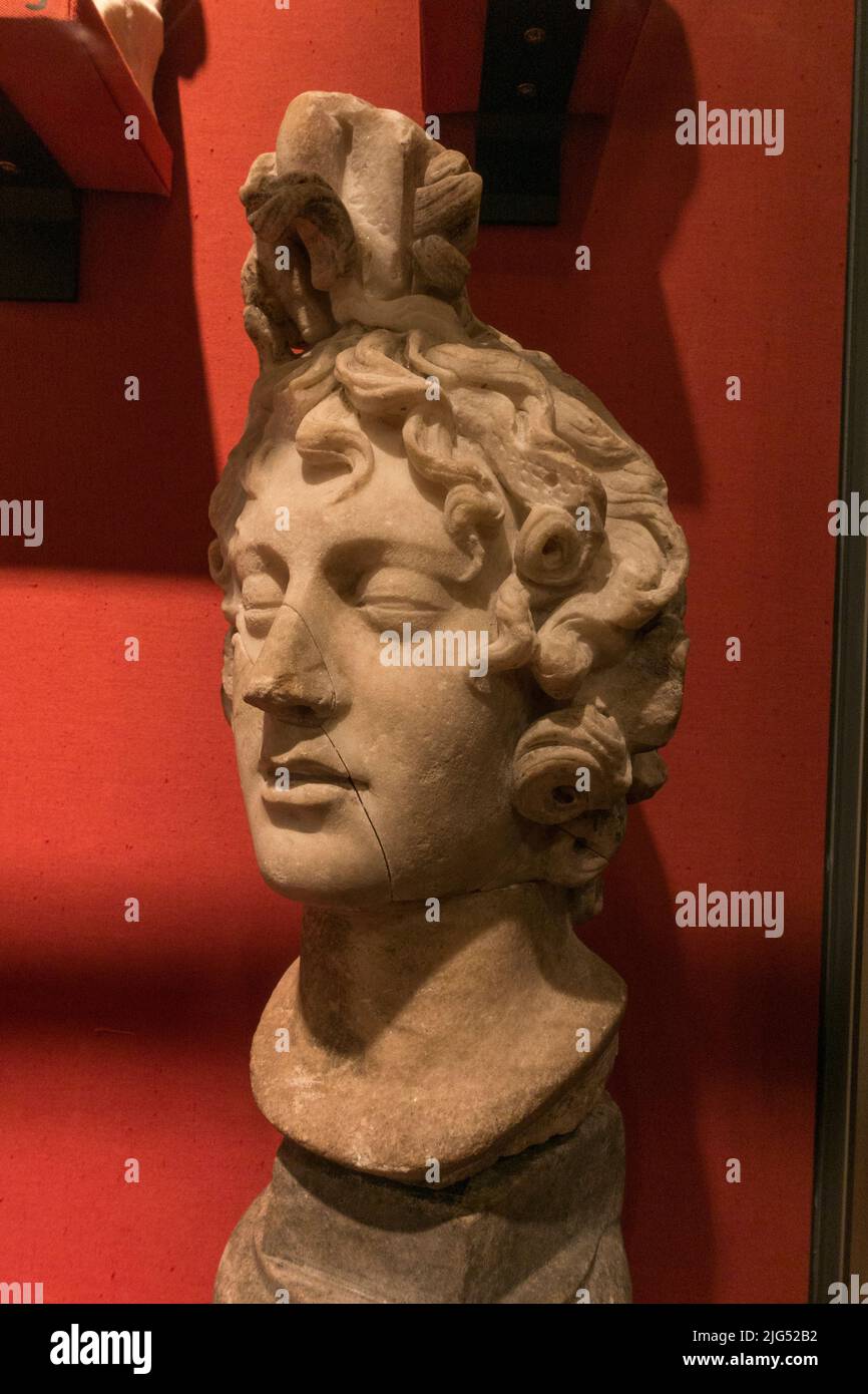 Marble head of Medusa with the fingers of Perseus, the hero who cut off Medusa's head,, on display in the UK. Stock Photo