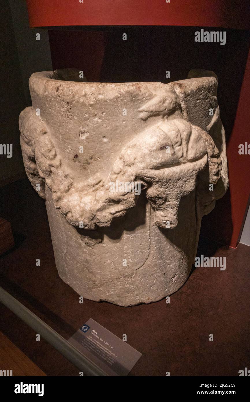 Circular carved altar (200-20BC) on display in the UK. Stock Photo