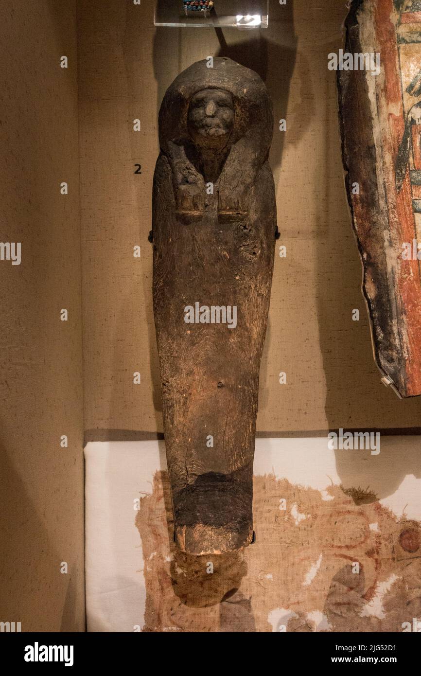 Small wooden coffin lid, possibly for a child on display in the UK. Stock Photo
