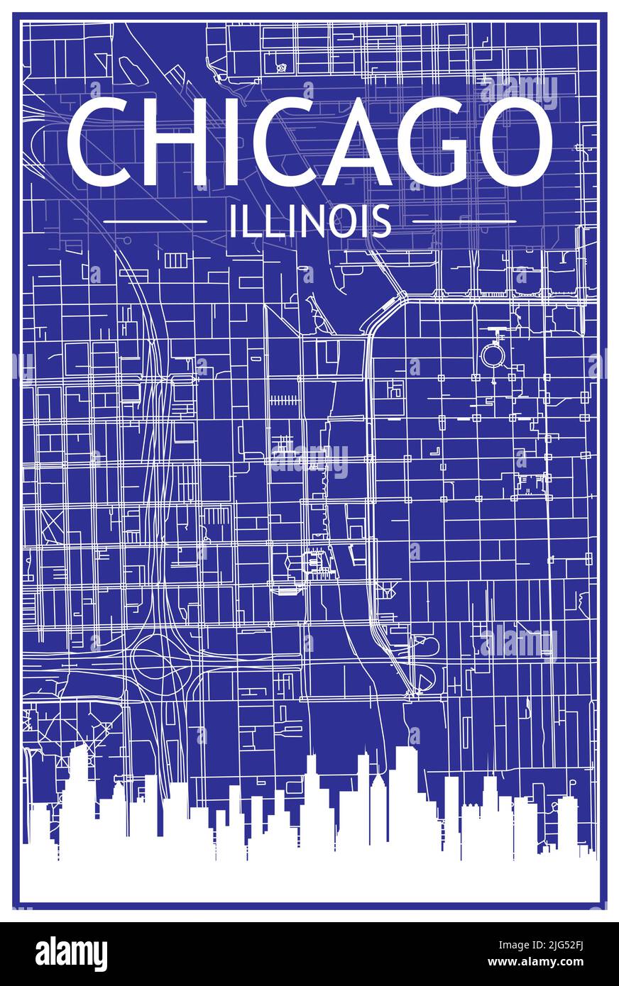 Technical drawing printout city poster with panoramic skyline and hand-drawn streets network on blue background of the downtown CHICAGO, ILLINOIS Stock Vector