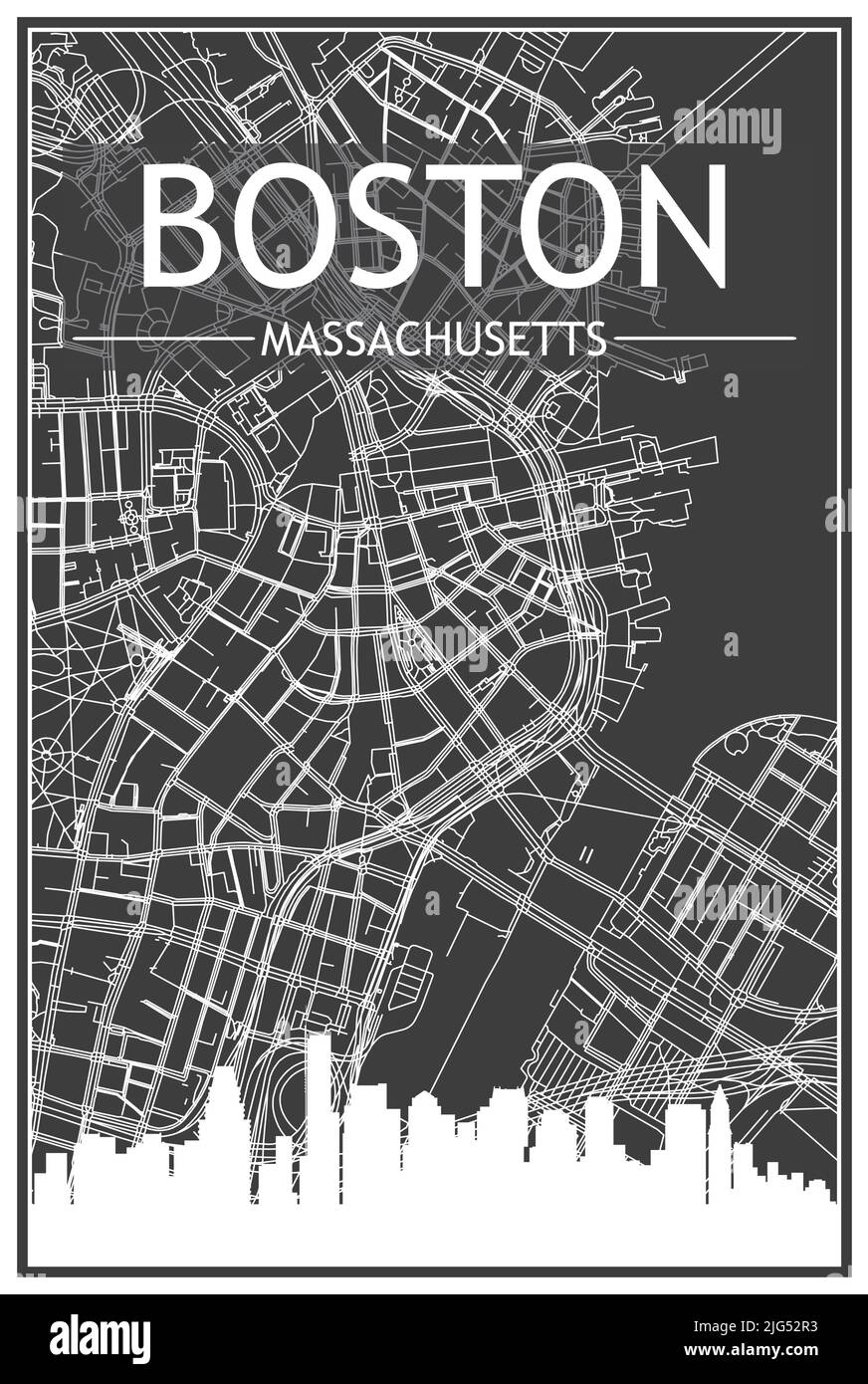 Dark printout city poster with panoramic skyline and handdrawn streets