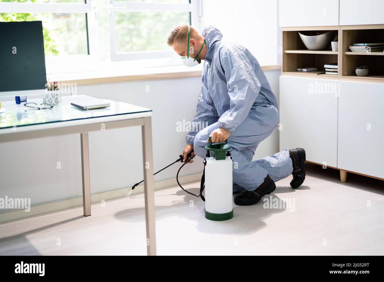 Pest Control Exterminator Man Spraying Termite Pesticide In Office ...