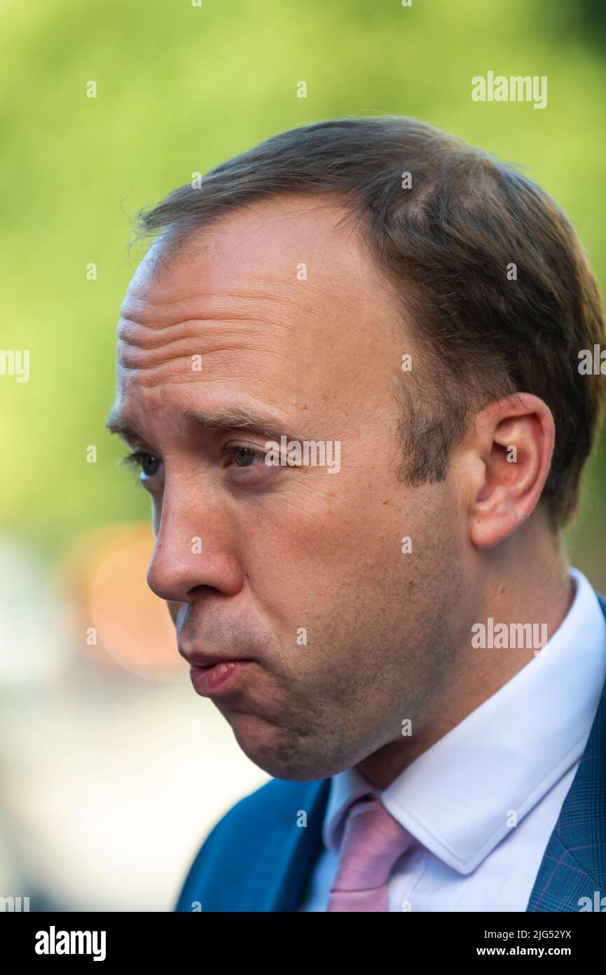 London, UK.  7 July 2022. Matt Hancock, MP for West Suffolk, gives a media interview opposite the Houses of Parliament.  Earlier Boris Johnson, Prime Minister made a statement outside 10 Downing Street resigning as leader of the Conservative party. Credit: Stephen Chung / Alamy Live News Stock Photo