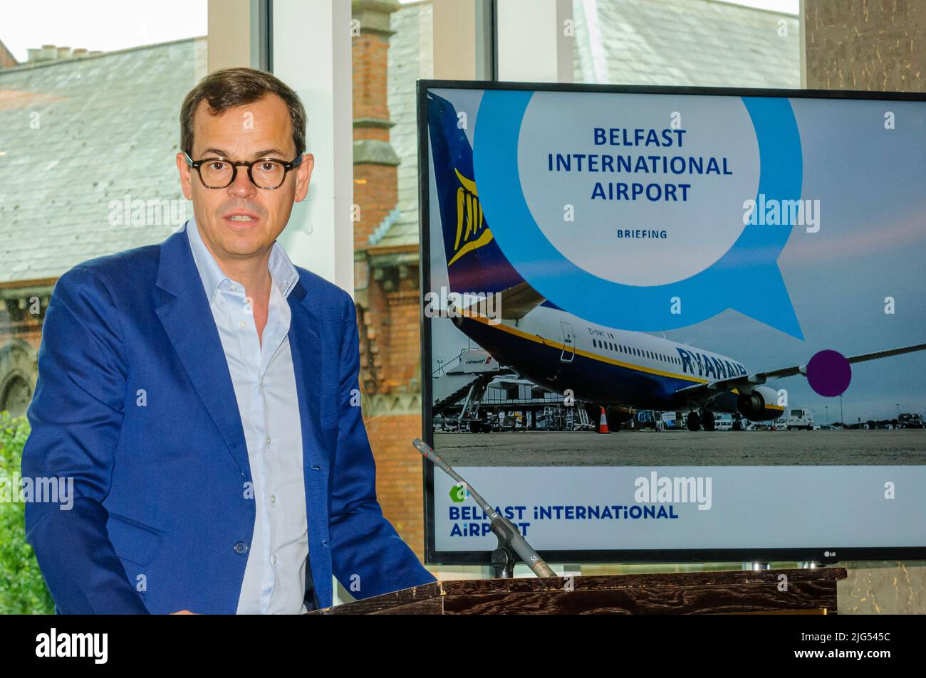 Belfast, Northern Ireland, UK. 7th July 2022 - Emmanuel Menanteau, Chairman Vinci Airports and Belfast International Airport announces return of Ryanair with the introduction of 12 routes, and two aircraft based at Belfast. Stock Photo