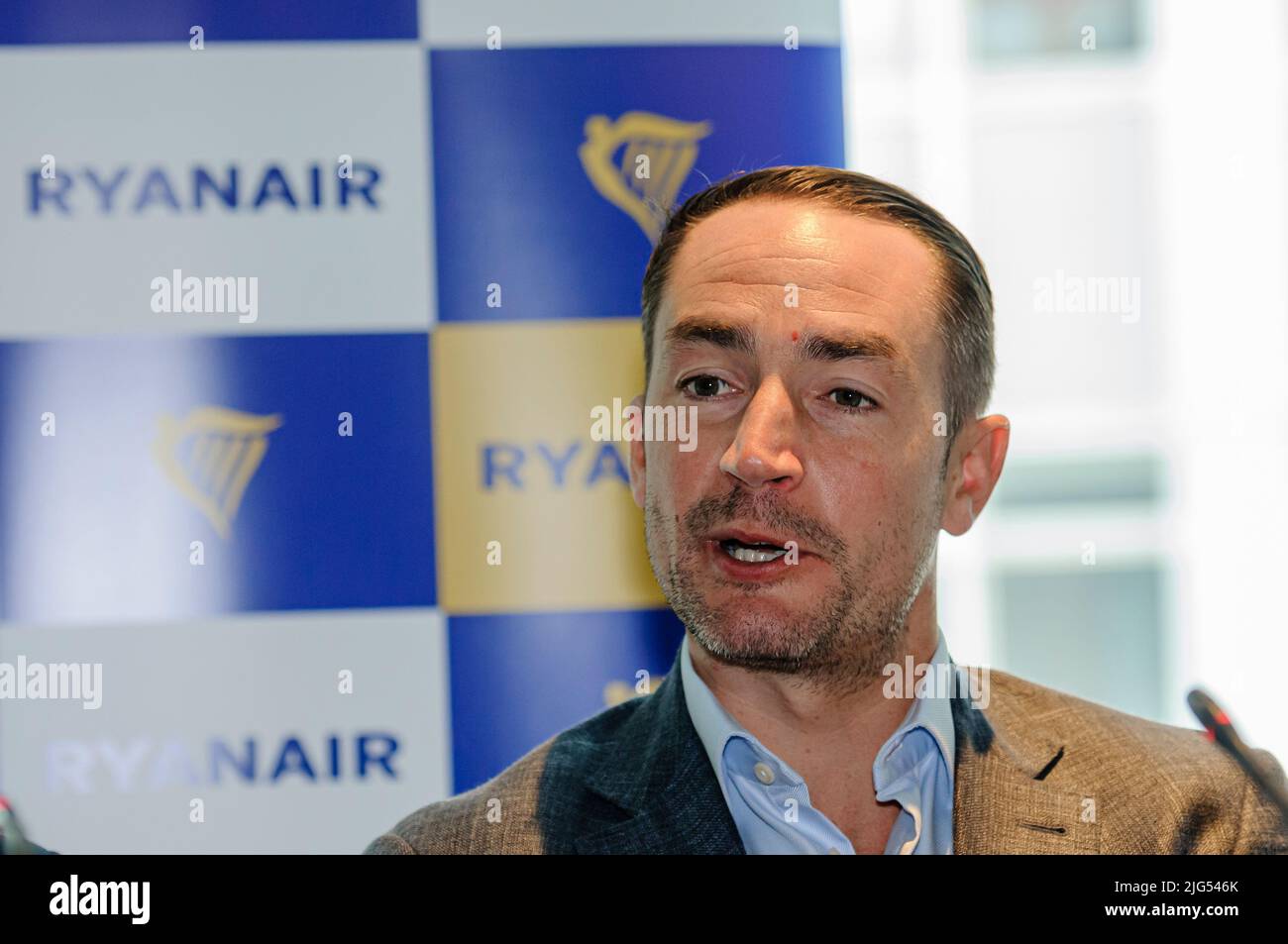 Belfast, Northern Ireland, UK. 7th July 2022 - Jason McGuinness, Commercial Director at Ryanair, announces Ryanair's return to Belfast International Airport with the introduction of 12 routes, and two aircraft based at Belfast. Stock Photo