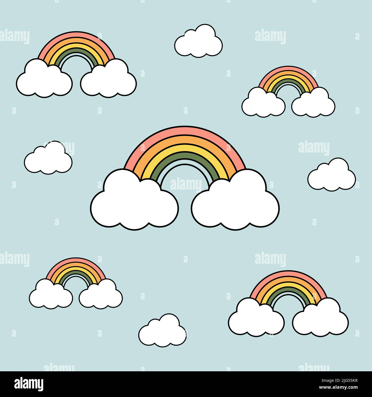 1970 trippy pattern rainbow. Colorful rainbow and white clouds on a light blue background. 70s vibes background. Groovy hand drawn vector illustration Stock Vector