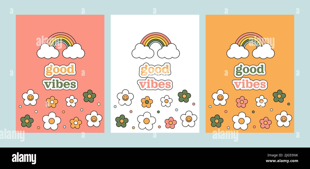 Good vibes 1970 set. Three postcards with colorful cartoon daisies and rainbow. 70s vibes background. Trippy hand drawn vector illustration. Stock Vector