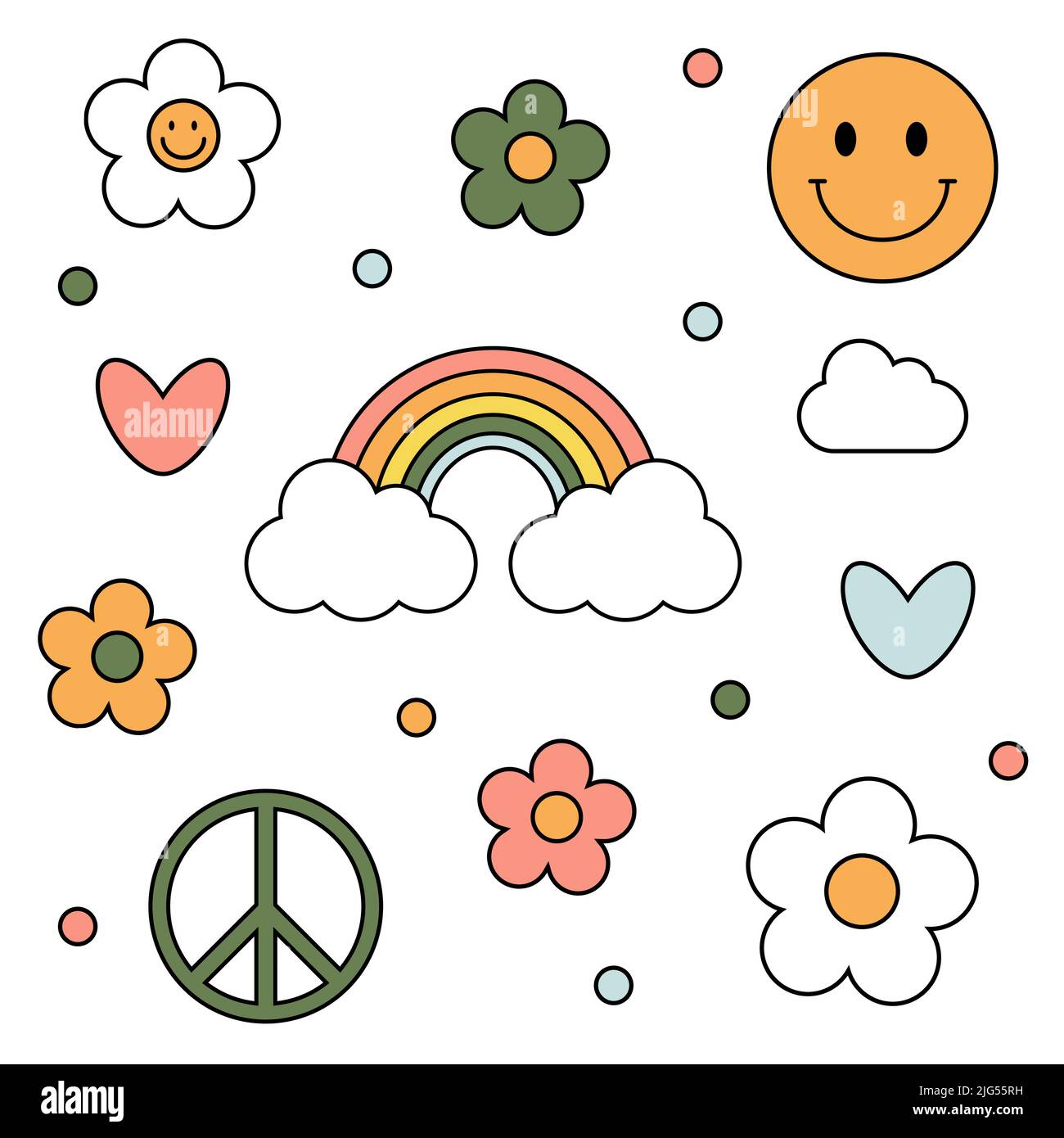 1970 trippy groovy set. White, green, pink daisies, pink and blue hearts, rainbow, smile, peace, cloud on white background. 70s vibes elements, cartoo Stock Vector