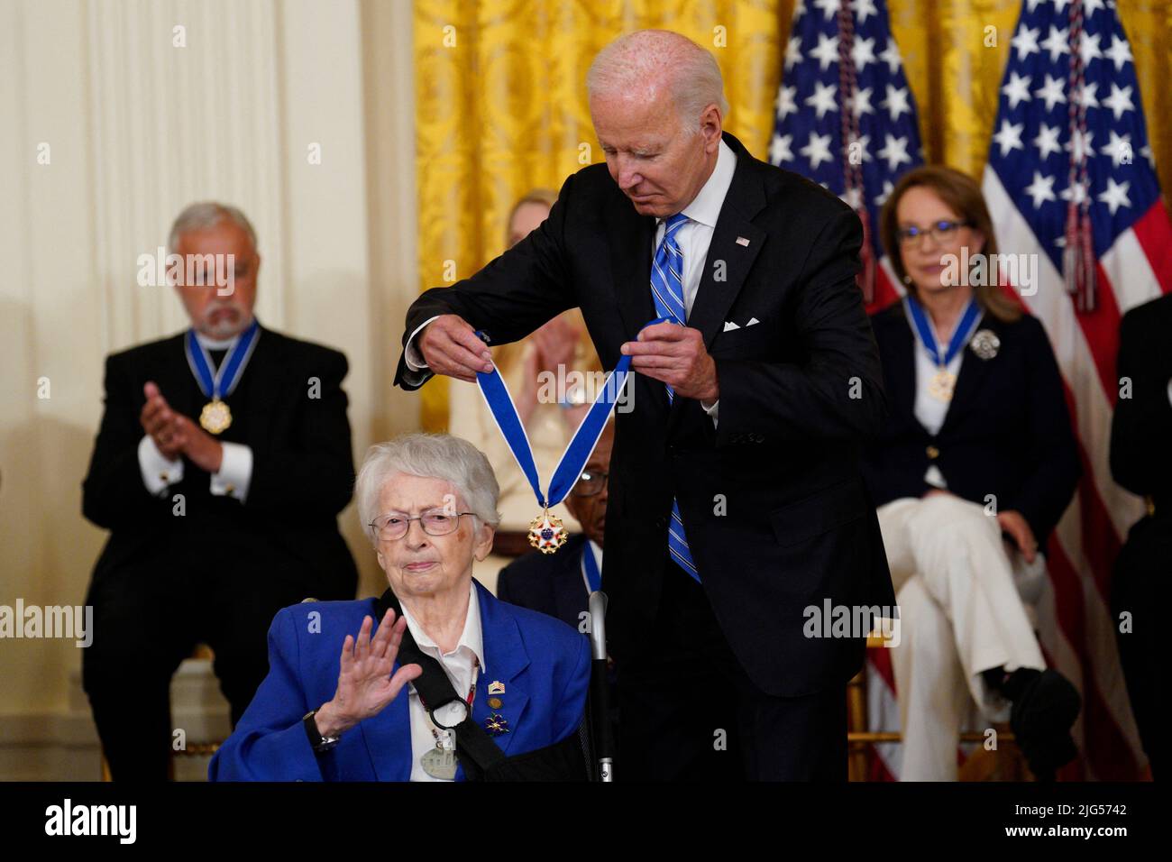 Washington, US, July 7, 2022. U.S. President Joe Biden awards the Presidential Medal of Freedom to retired Air Force Brigadier General Wilma Vaught in the East Room at the White House in Washington on July 7, 2022. Photo by Yuri Gripas/ABACAPRESS.COM Stock Photo