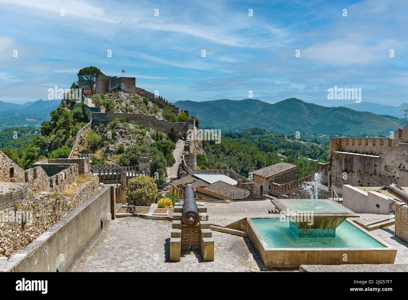 Picturesque view to spanish Xativa Castle or Castillo de Xativa ancient fortification of Spain during sunny summer day. Travel destinations, landmarks Stock Photo