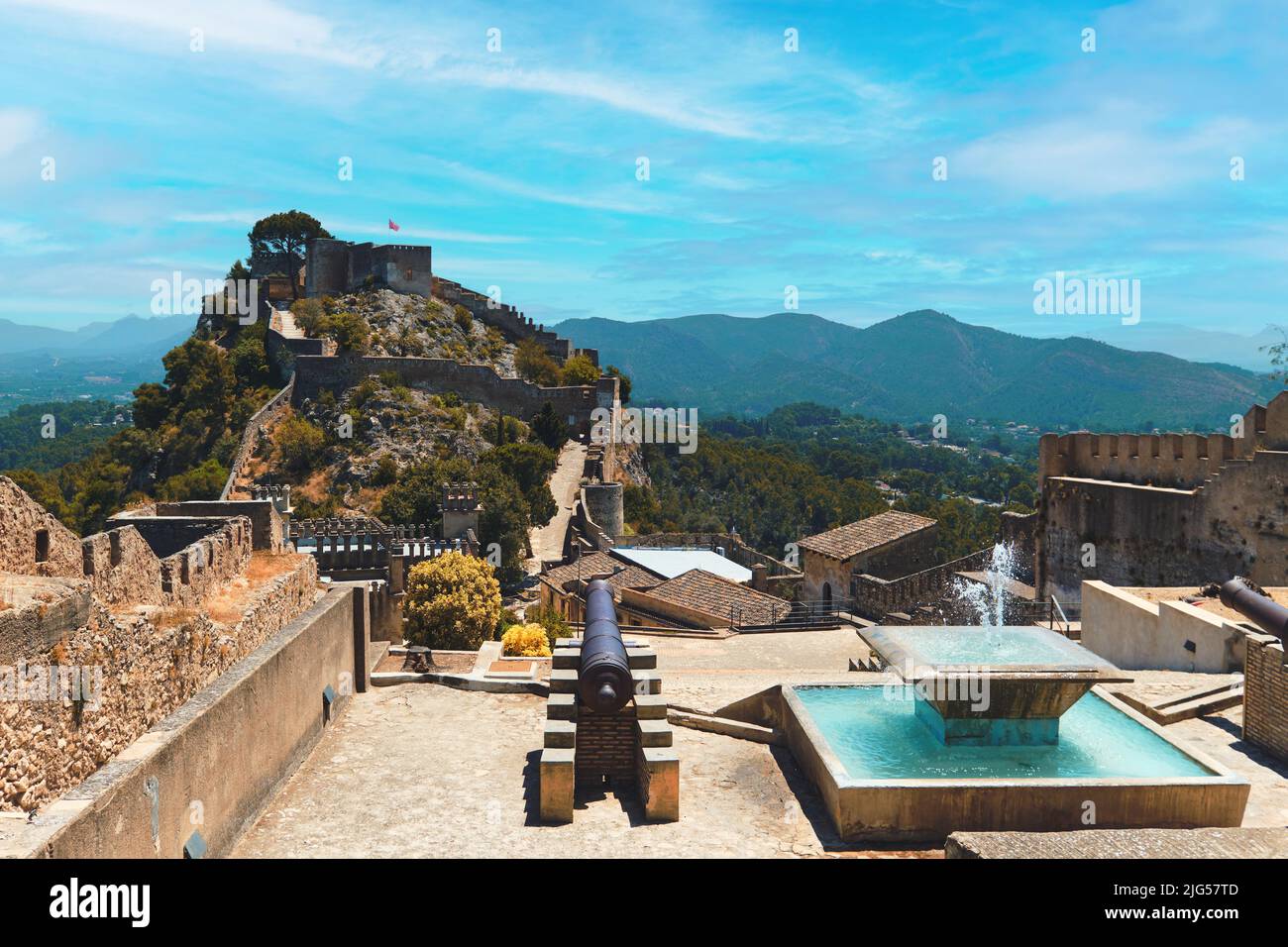 Picturesque view to spanish Xativa Castle or Castillo de Xativa ancient fortification of Spain during sunny summer day. Travel destinations, landmarks Stock Photo