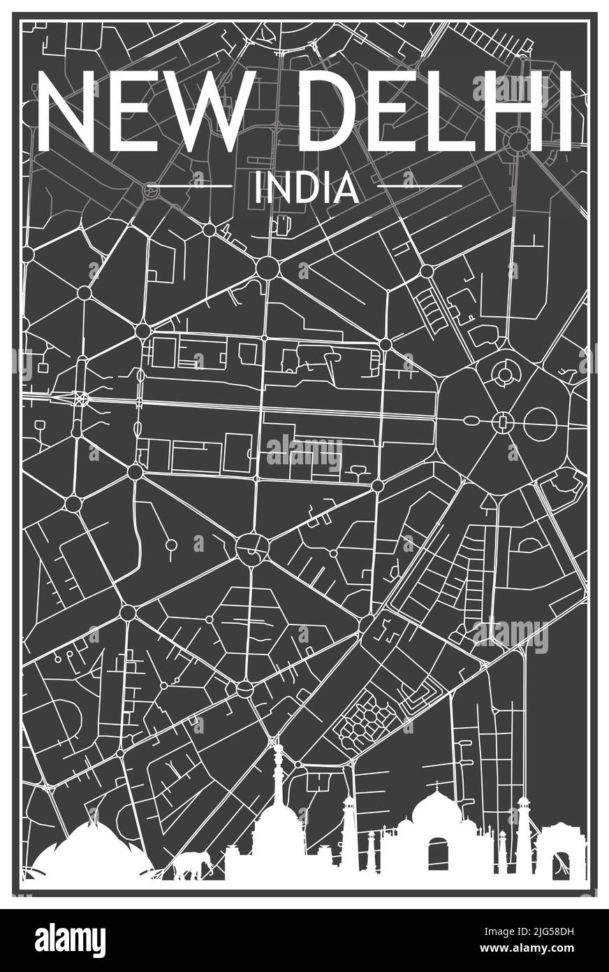 Dark printout city poster with panoramic skyline and hand-drawn streets network on dark gray background of the downtown NEW DELHI, INDIA Stock Vector