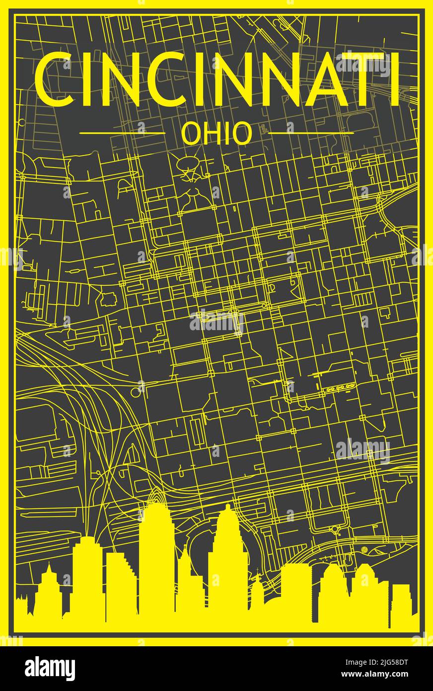 Yellow printout city poster with panoramic skyline and hand-drawn streets network on dark gray background of the downtown CINCINNATI, OHIO Stock Vector