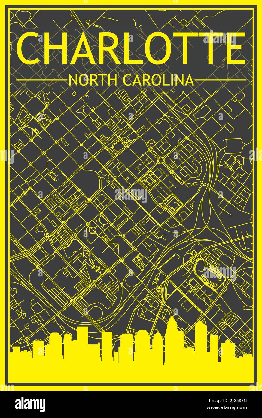 Yellow printout city poster with panoramic skyline and hand-drawn streets network on dark gray background of the downtown CHARLOTTE, NORTH CAROLINA Stock Vector