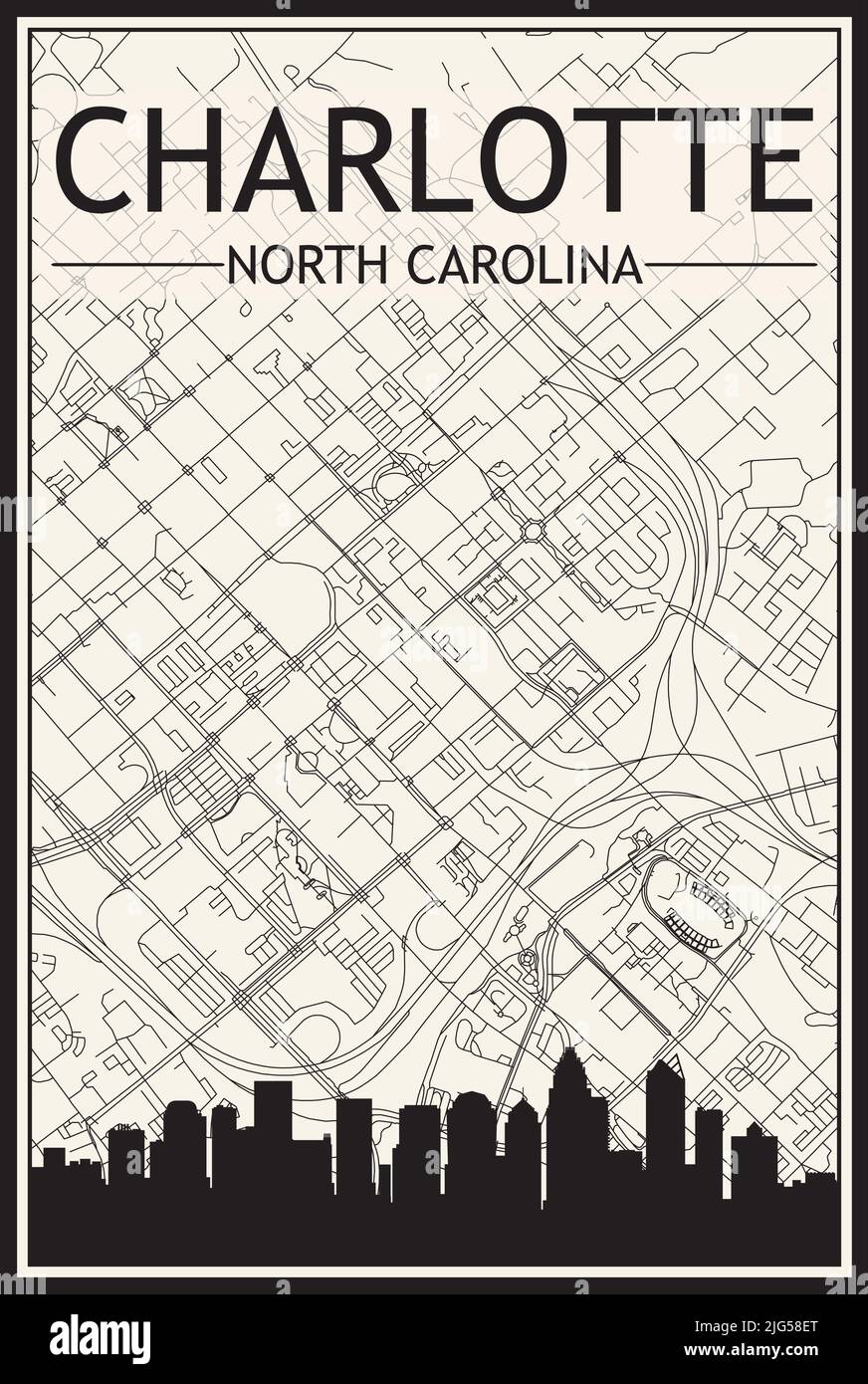 Light printout city poster with panoramic skyline and hand-drawn streets network on vintage beige background of the downtown CHARLOTTE, NORTH CAROLINA Stock Vector