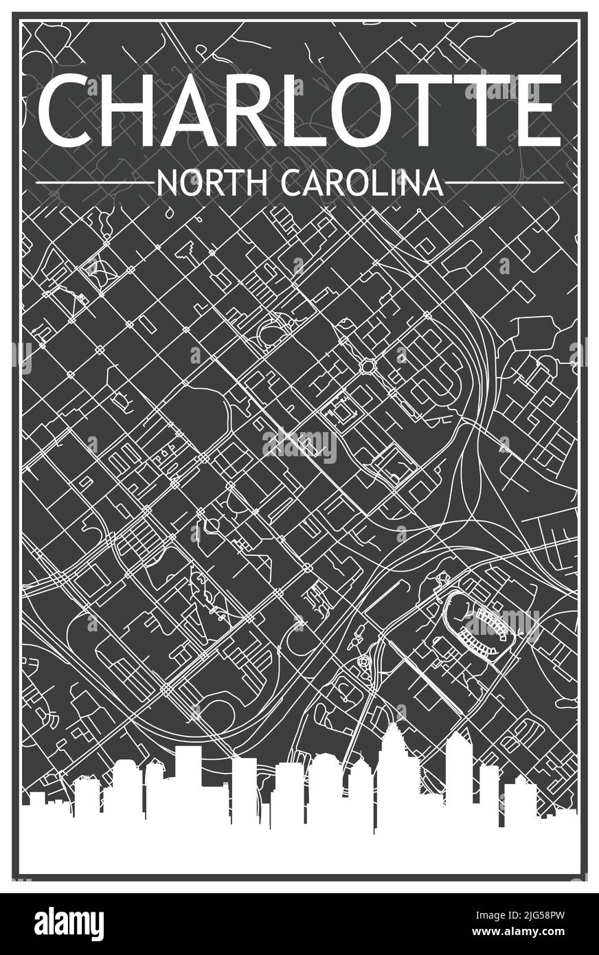 Dark printout city poster with panoramic skyline and hand-drawn streets network on dark gray background of the downtown CHARLOTTE, NORTH CAROLINA Stock Vector