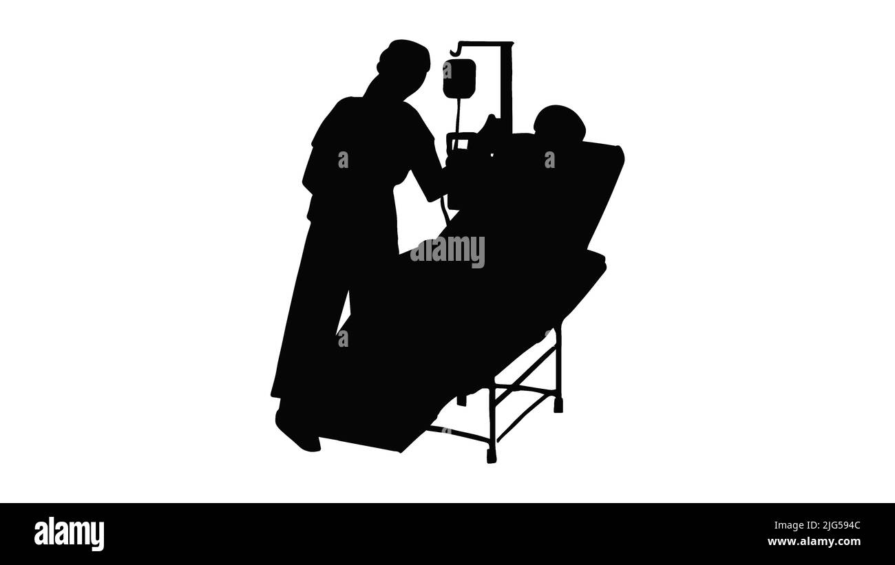 Black silhouette of a nurse taking care of the patient, doctor doing the operation, fixing the drip, hospital duty Stock Vector