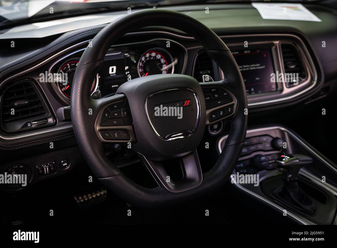 BERLIN - JUNE 18, 2022: Interior of the muscle car Dodge Challenger R/T. Classic Days Berlin. Stock Photo