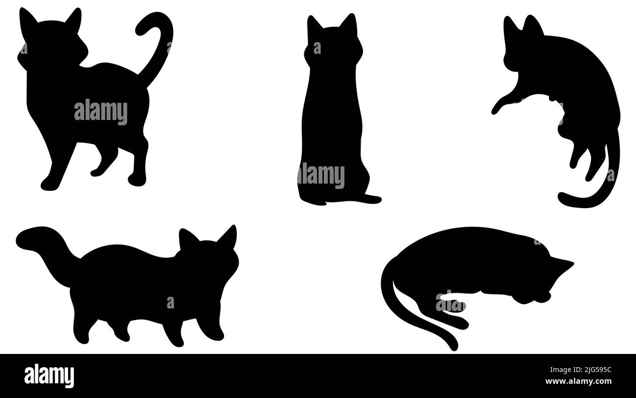 Set of black cats silhouettes isolated on white background. Vector illustration, icons, clip art. Stock Vector
