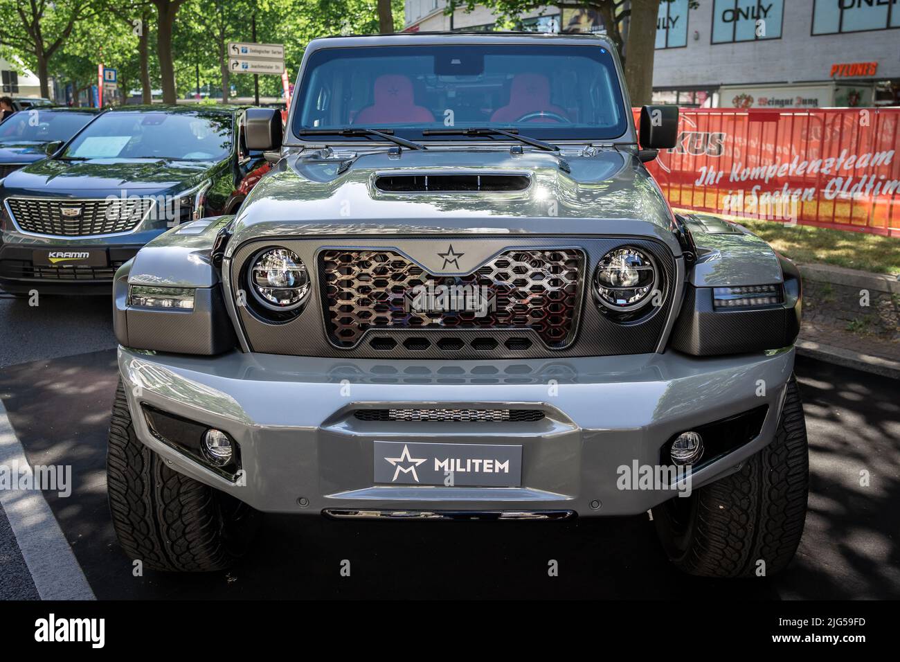 BERLIN - JUNE 18, 2022: Extreme Utility Vehicles (EUV) Militem Ferox 500 on based by Jeep Wrangler Rubicon. Classic Days Berlin. Stock Photo