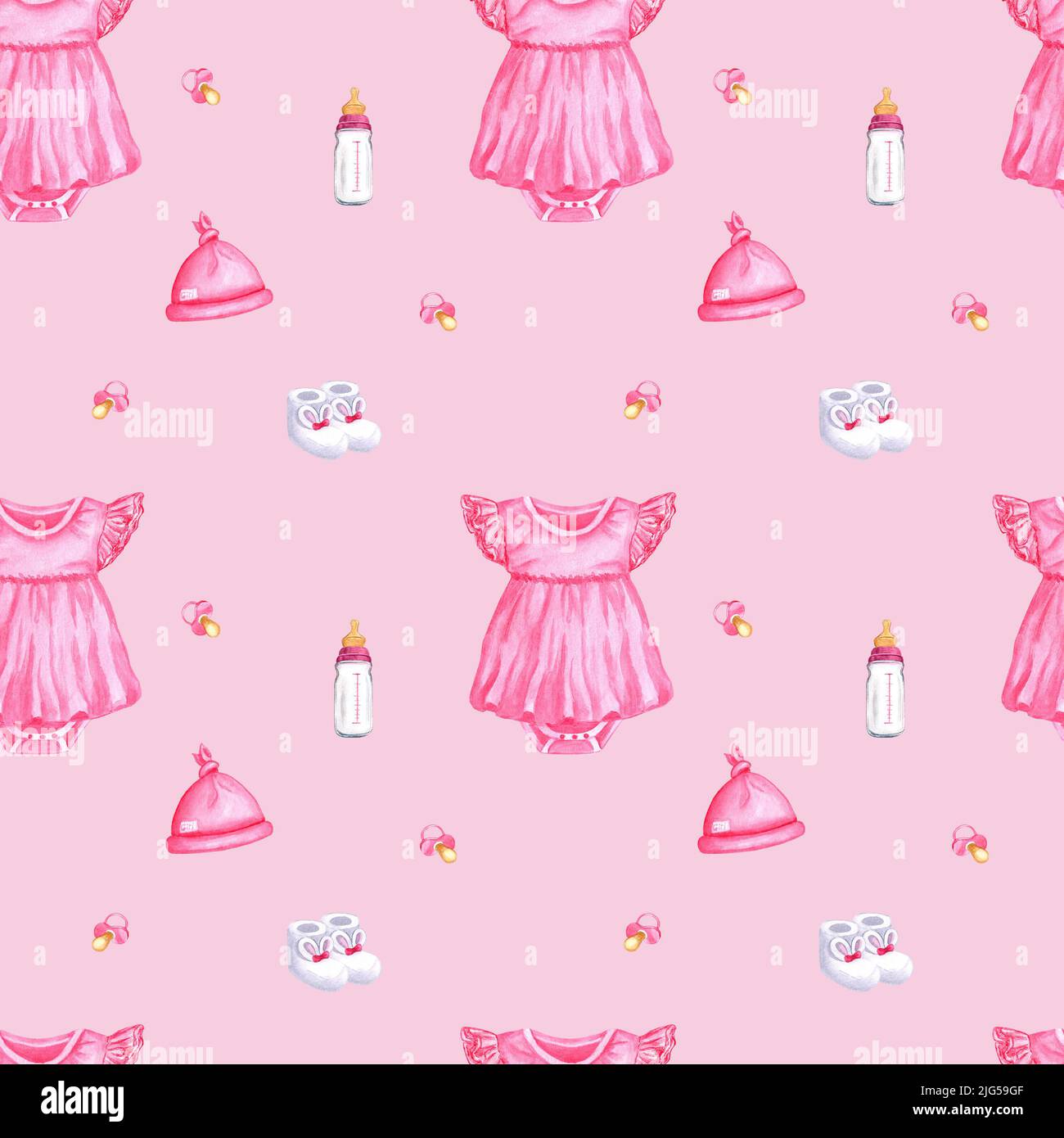 Watercolor seamless pattern for little girl with bodysuit, booties