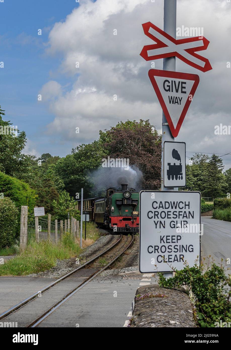 Welsh Highland Railway narrow gauge train to Porthmadog approaching level crossing near Caernarfon with Welsh language warning sign in foreground. Stock Photo