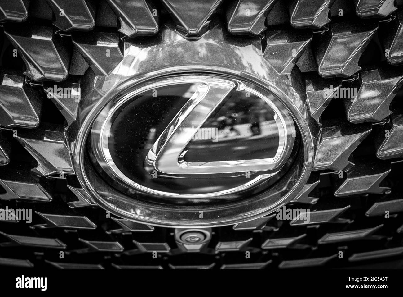 BERLIN - JUNE 18, 2022: Emblem of Lexus car, close-up. Black and white. Classic Days Berlin. Stock Photo