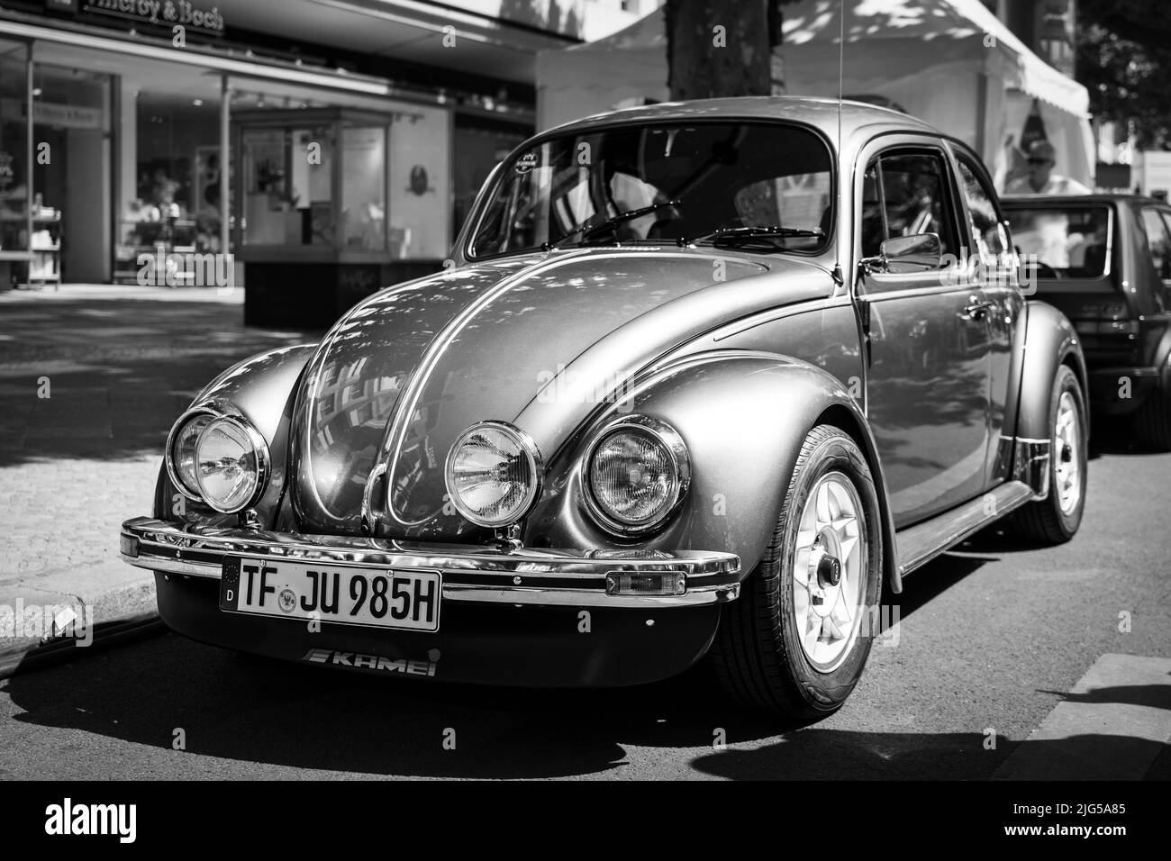 BERLIN - JUNE 18, 2022: Economy car Volkswagen Beetle. Black and white. Classic Days Berlin. Stock Photo