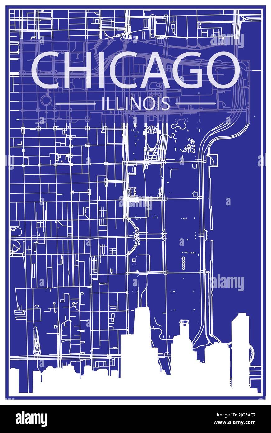 Technical drawing printout city poster with panoramic skyline and streets network on blue background of the downtown CHICAGO, ILLINOIS Stock Vector